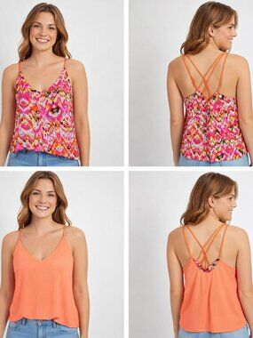 NWT My Michelle REVERSIBLE Tank Top S Ikat Print Melon Orange Vacation Boho Y2K